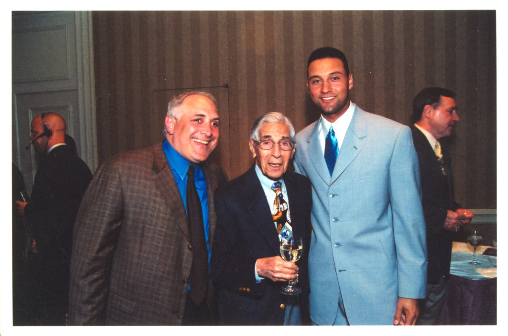 Brandon Steiner, left, with Phil Rizzuto, one of Brandon’s first clients, and the man who told Brandon to pursue Derek Jeter, right, when Jeter was first starting out!